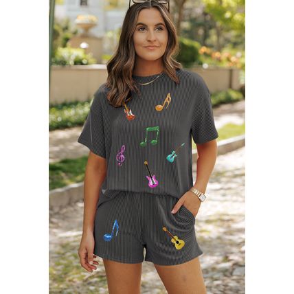 Carbon Grey Twisted Rib Texture Guitar Music Note Patched 2pcs Short Set