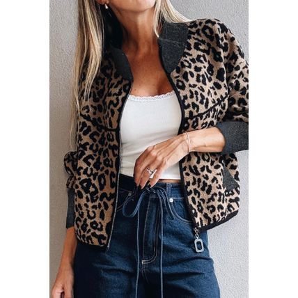 Khaki Leopard Print Zip Up Stand Neck Side Pocket Jacket