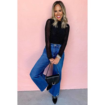 Black Rhinestone Embellished Mesh Long Sleeve Top