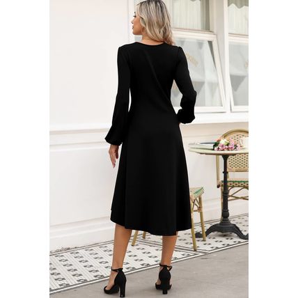 Black Solid Color Ruched Detail Long Sleeve Midi Dress