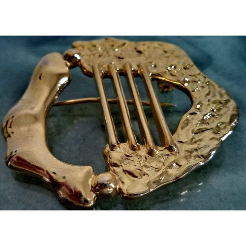 Signed RACHEL GERA modernist 1984 Gold Harp Brutalist Brooch Pin Vintage art A+