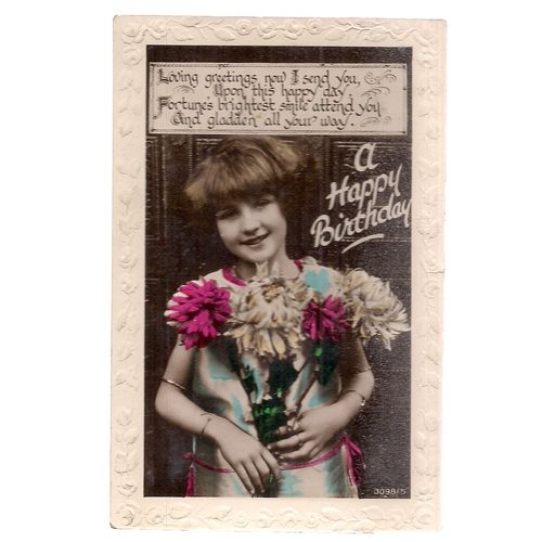 A HAPPY BIRTHDAY .. used vintage postcard c.1935 young girl