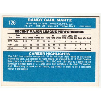1982 Donruss baseball card 126 Randy Martz