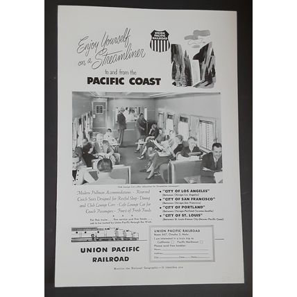 Original Union Pacific Railroad Train Print Ad Mid-Century 1940s CA Vintage