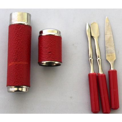 Vintage Nail Manicure Set In Faux Red Leather Container