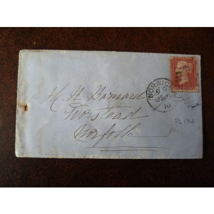 1878 GB QV 1d Red stamp CP Plate 134 cover Norwich Barnard Worstead Norfolk wax