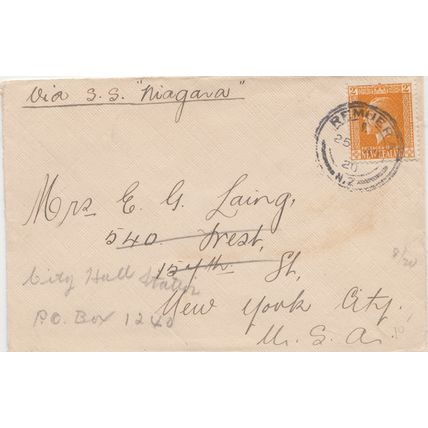 NEW ZEALAND cover postmarked Remuera, 25 Aug. 1920 to USA