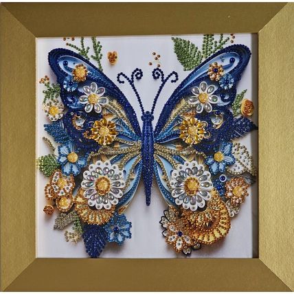 Completed Diamond Art Butterfly Picture in Gold Wood Frame Size 32cm by 32cm