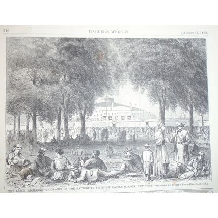 The Labor Exchange - Harper's Weekly - Aug. 15, 1868. 2 Prints - Emigrants...