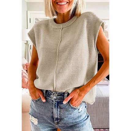 Oatmeal Solid Color Cap Sleeve Knitted Sweater