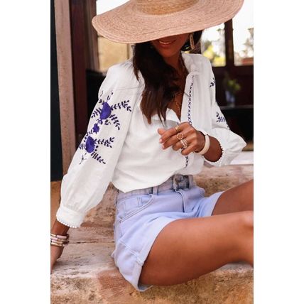 White Floral Embroidered Bracelet Sleeve Shirt