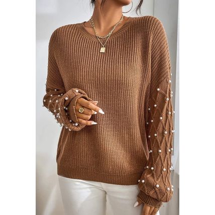 Chestnut Beaded Drop Shoulder Round Neck Sweater