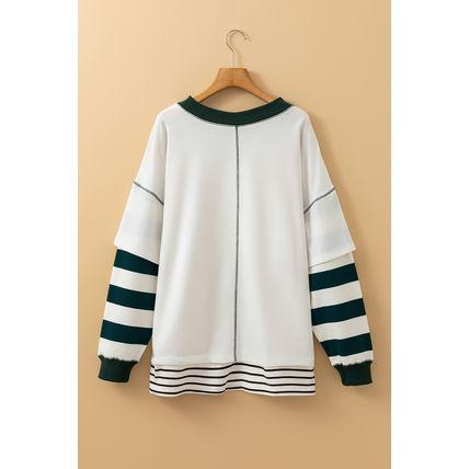 White Stripe Bowknot Patched Pattern Contrast Stitching Pullover Trendy Sweatshi