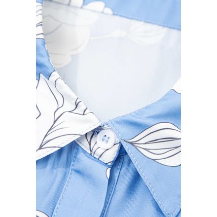 Sky Blue Floral Print Button Up Pleated Detail Puff Sleeve Shirt