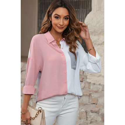 Dusty Pink Color Block/Pure Color Patch Pocket Shirt