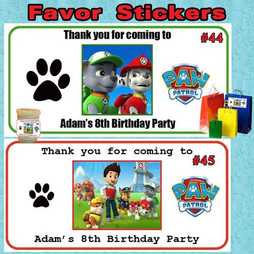 Paw Patrol Birthday Favor Bag/Box Stickers/Labels 1 sheet Personalized