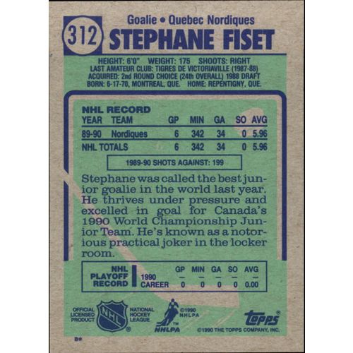 1990/91 Topps Hockey Stephane Fiset ROOKIE