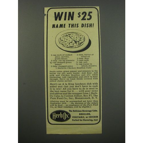 1943 Herb-Ox Bouillon cubes Ad - Win $25 name this dish