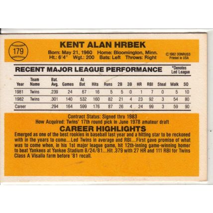 1983 Donruss baseball card 179 Kent Hrbek