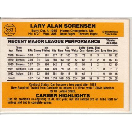 1983 Donruss baseball card 363 Lary Sorensen
