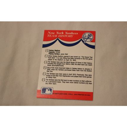 1989 Fleer Yankees Team History Stickerback w/4 variou TEAM LOGO Stickers