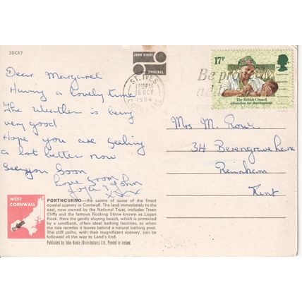 GB Postcard 1984 - Logan Rock, and Treen Cliff, Porthcurno, Cornwall