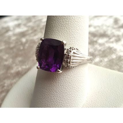 Lusaka Amethyst & White Zircon Solitaire Accents Ring Size R Platinum 925 Silver