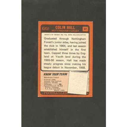 A&BC Orange Back Football 1970-71 #27 Colin Hall Nottingham Forest