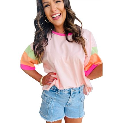 Women Oversized Color Block T-Shirt Casual Loose Crewneck Short Sleeve