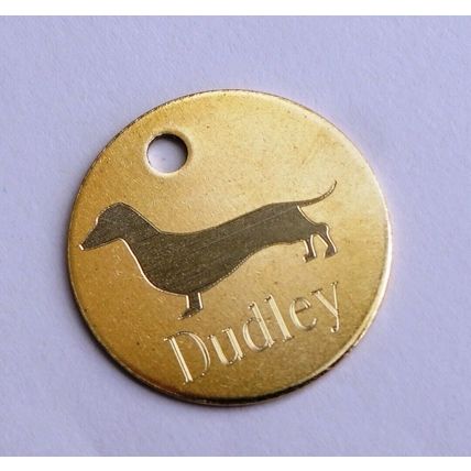 20MM PERSONALISED BRASS DACHSHUND TAG WITH BREED SILHOUETTE & YOUR DETAILS