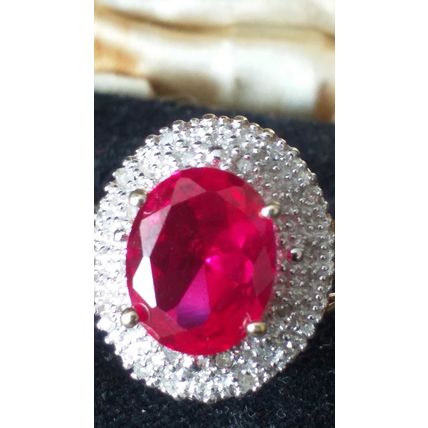 Vintage 1980-s Silver Pink Ruby and Real Diamonds Ring Size UK N, US 6 3/4