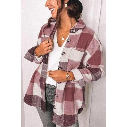 Plaid Color Block Buttoned Long Sleeve Jacket with Pocket