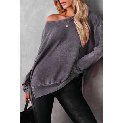 Gray Waffle Knit Side Slit Pullover Top
