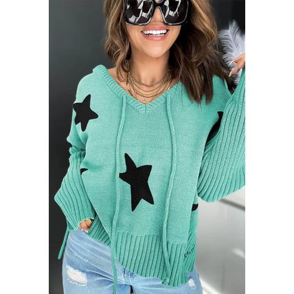Green V Neck Star Pattern Hooded Sweater with Slits