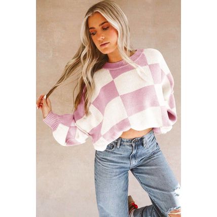 Pink Checkered Bishop Sleeve Sweater
