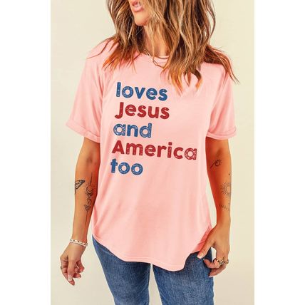 Pink loves Jesus and America too Vintage Letter Graphic Tee
