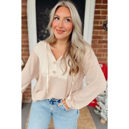 Oatmeal Waffle Patchwork Drop Shoulder Hooded Long Sleeve Top