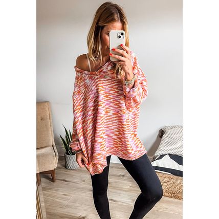 Orange Vibrant Abstract Print Drop Shoulder V Neck Tunic Oversized Sweater