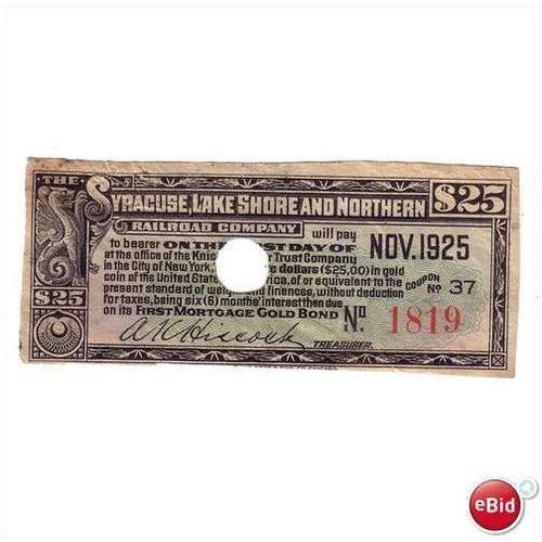 Syracuse Lakeshore Northern Railroad Stock Bond 1925