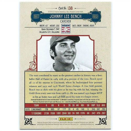 2012 Panini Cooperstown - #138 - Johnny Bench