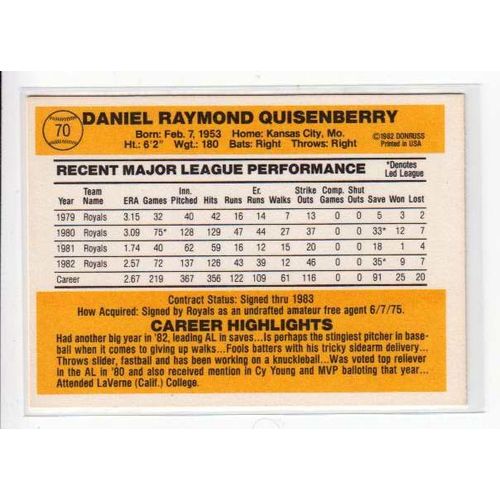 1983 Donruss Dan Quisenberry baseball card #70 – Royals