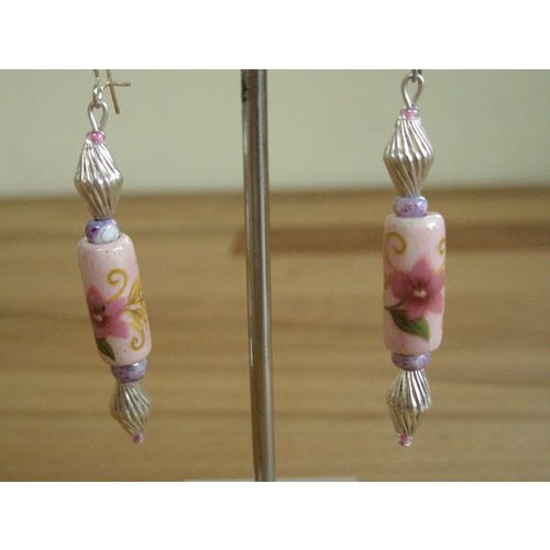 Pink Flower Bead Earrings & Silver Plated Hooks