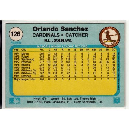 1982 Fleer baseball card 126 Orlando Sanchez- Cardinals
