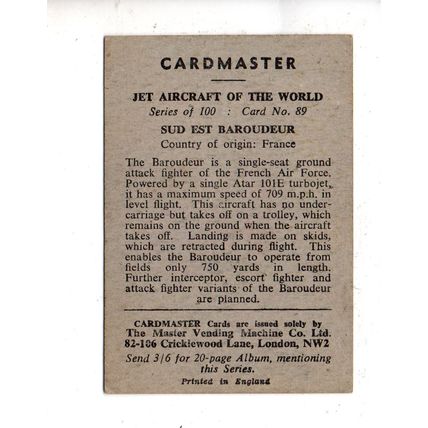 CARDMASTER JET AIRCRAFT OF THE WORLD 1958 SUD EST BAROUDEUR No.89 FRANCE