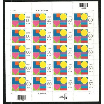 Love Complete Sheet of Twenty 60 Cent Postage Stamps Scott 3658