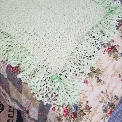 Vintage Handmade Crochet Baby Blanket + Mint + Ribbon