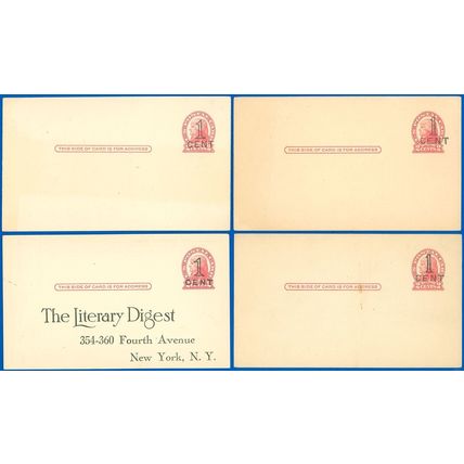 UX33 Postal Cards 1 Mint, 3 Preprinted, NY Sm. & Lg., (2) Louisville, CV $21.25