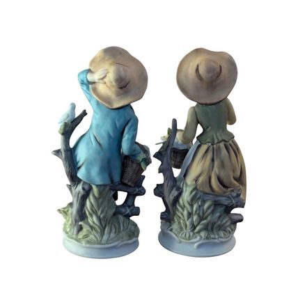 2 Vintage Napcoware Porcelain 8" Country Hillbilly Boy Girl w/Birds Ceramica