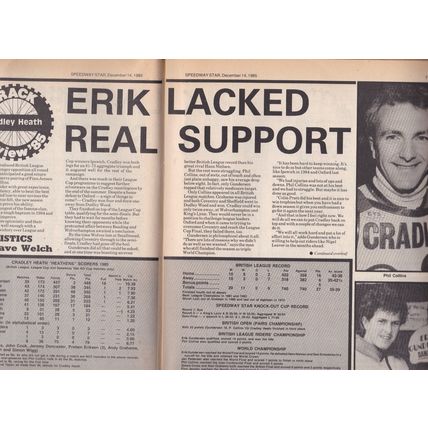 Speedway Star magazine : December14, 1985. Cradley Heath & Peterborough reviews.