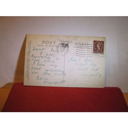 "H.M.S. VANGUARD" BATTLESHIP used vintage postcard by Valentine 1954 pm =